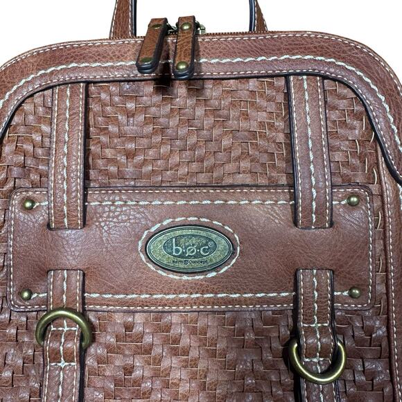 Born Concepts BOC Brown Faux Vegan Leather Woven Backpack Purse Travel 11\
